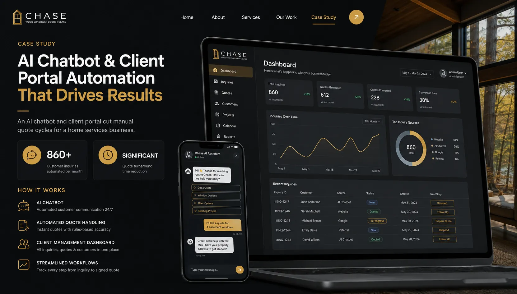 Chase Wood Windows · Client portal and AI chatbot automation